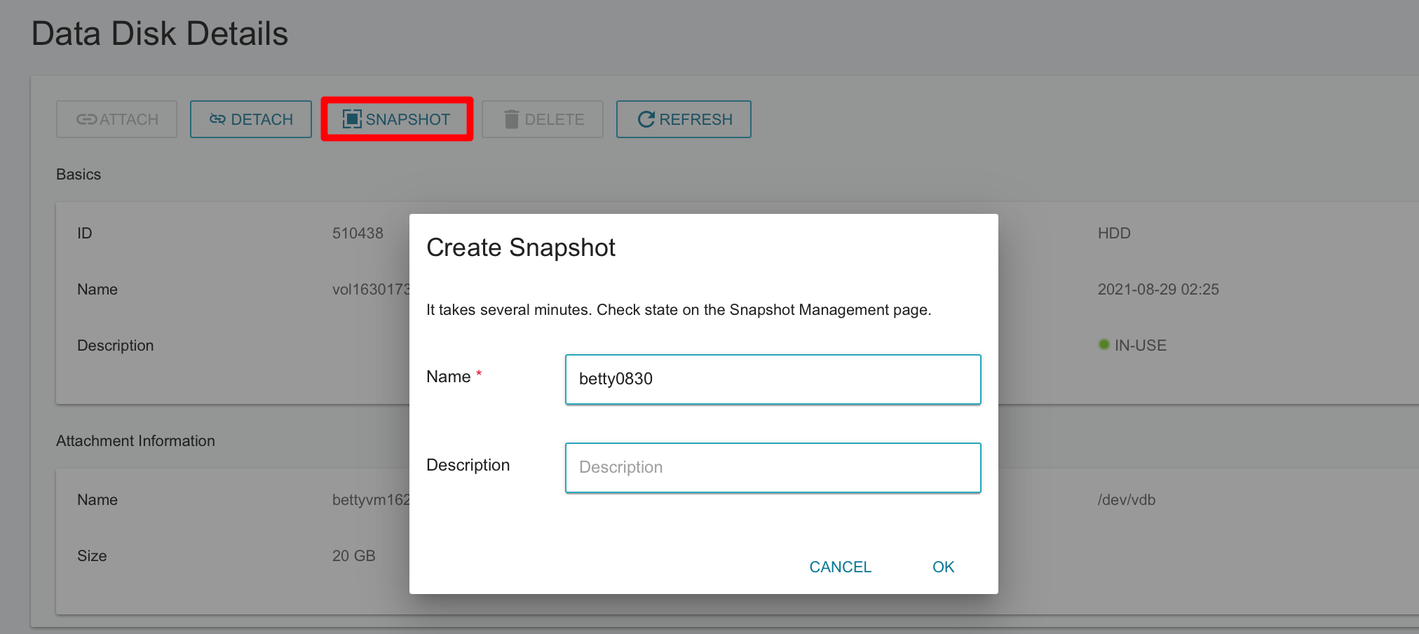 Create a disk snapshot tws